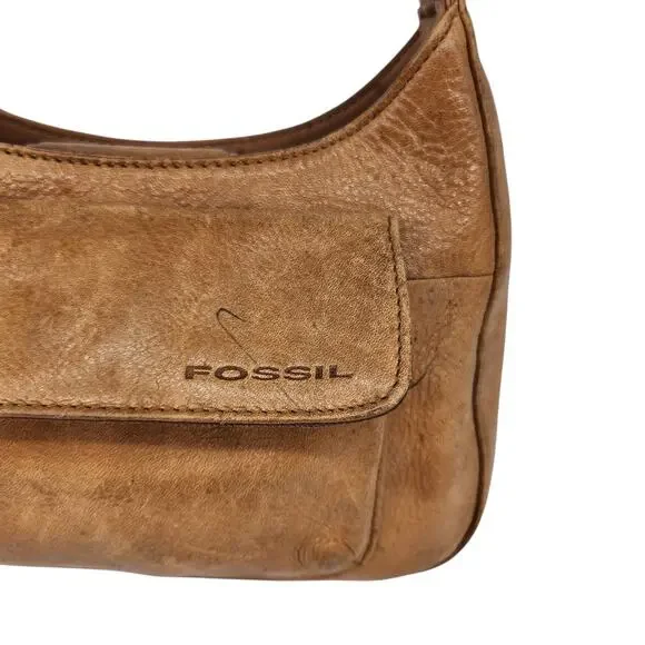 Vintage Fossil Purse Brown Tan Cognac Weathered Y2k 2000s Shoulder Boho Leather - Picture 8 of 16